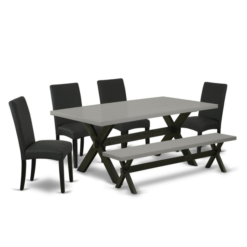 East West Furniture 6-Pc Dining -Black Linen Fabric Seat And High Stylist Back Padded Parson Chairs, A Rectangular Bench And Rectangular Top Dining Table With Wood Legs - Cement And Black Finish