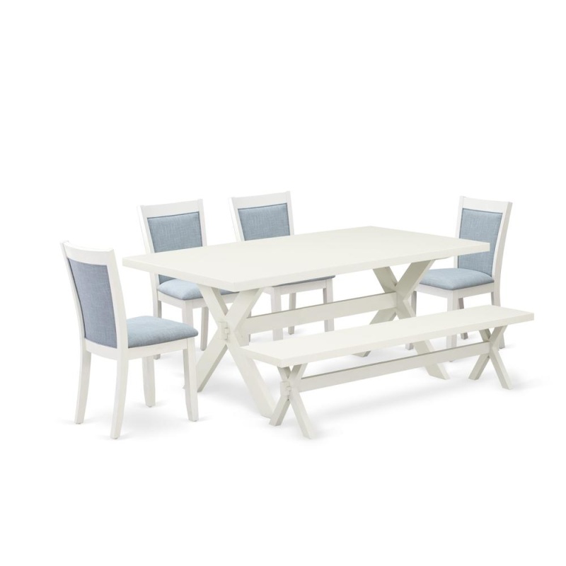 6-Piece Dining Table Set with 4 Baby Blue Parson Chairs and Bench