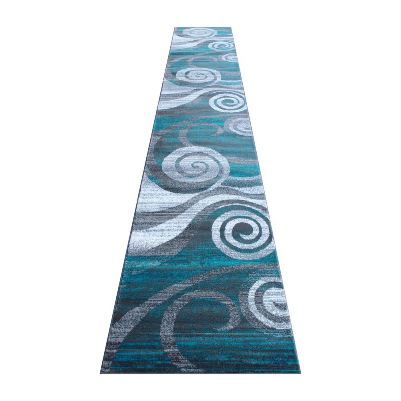 Cirrus Collection 3' X 16' Turquoise Swirl Patterned Olefin Area Rug With Jute Backing For Entryway, Living Room, Bedroom
