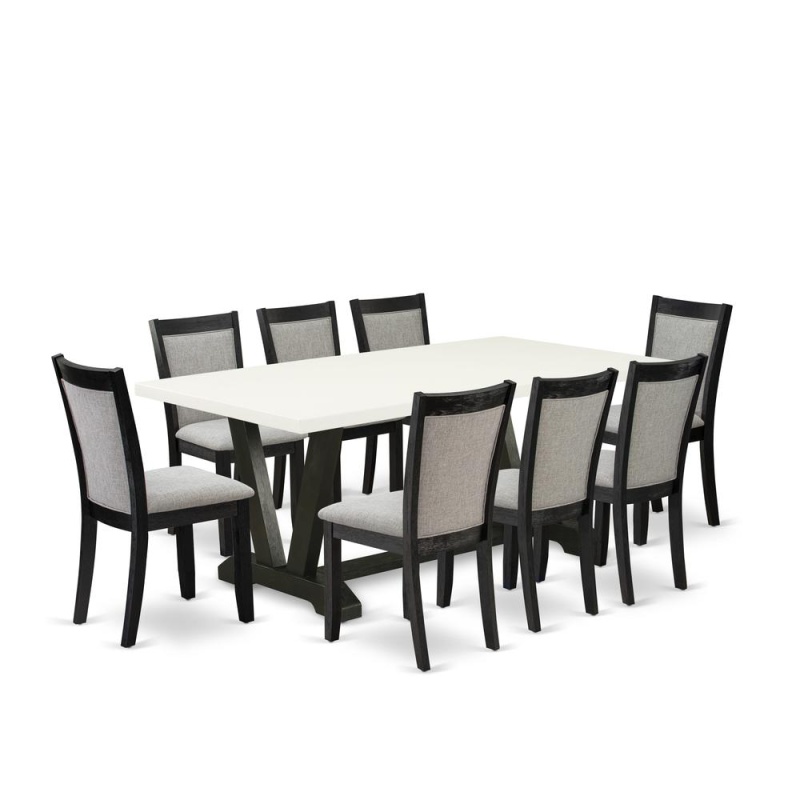 V627mz606-9 9 Pc Dining Set - Linen White Dining Table With 8 Shitake Dining Room Chairs - Wire Brushed Black Finish