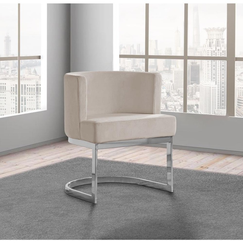 Beige Velvet Side Chair With Silver, Chrome Base - Single