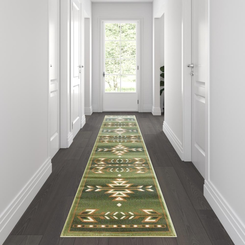 Lodi Collection Southwestern 2' X 11' Green Area Rug - Olefin Rug With Jute Backing For Hallway, Entryway, Bedroom, Living Room