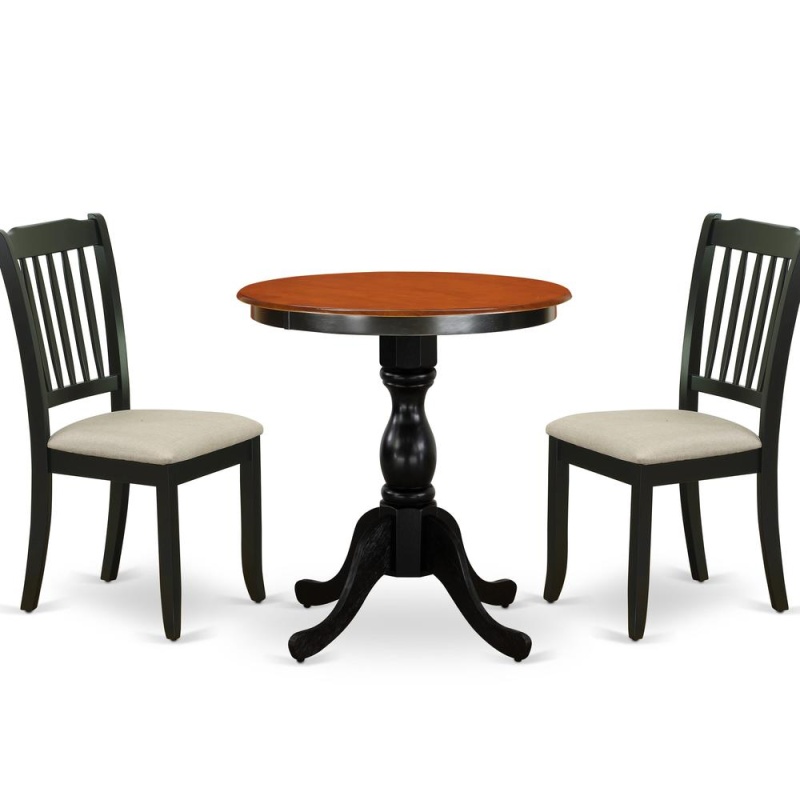 East West Furniture 3-Piece Dining Table Set Include A Wood Table And 2 Linen Fabric Kitchen Chairs With Ladder Back - Black Finish