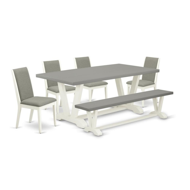 East West Furniture V097la206-6 6-Piece Awesome Modern Dining Table Set A Good Cement Color Modern Dining Table Top And Cement Color Indoor Bench And 4 Attractive Linen Fabric Kitchen Chairs With Styl