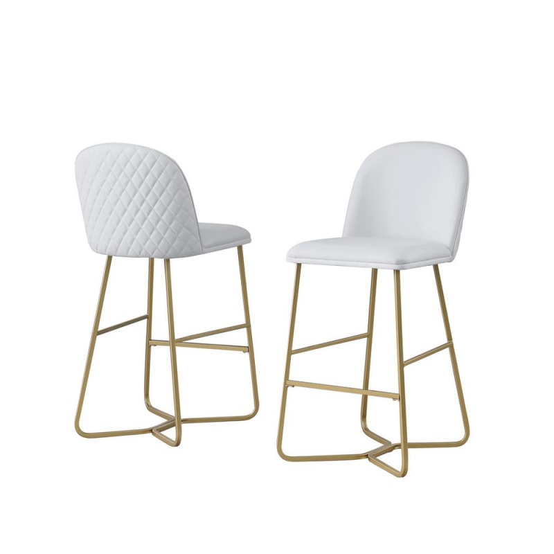 29" White Faux Leather Barstool W/ Gold Color Iron Base (Set Of 2)