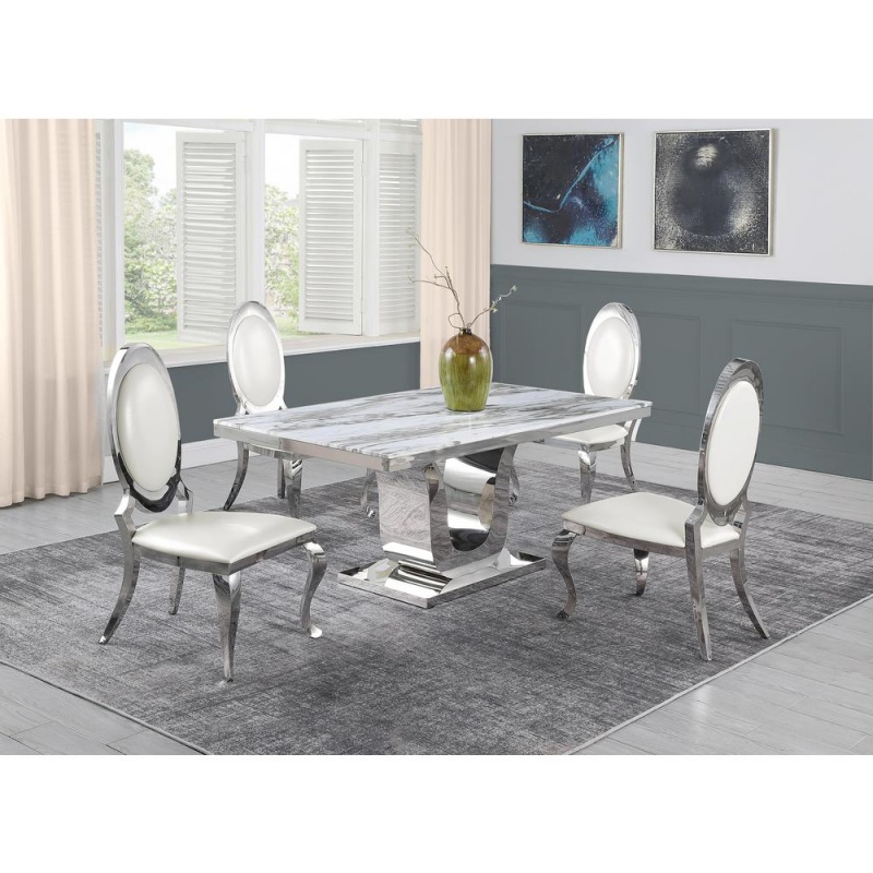 White Marble 5Pc Set Stainless Steel Chairs In White Faux Leather