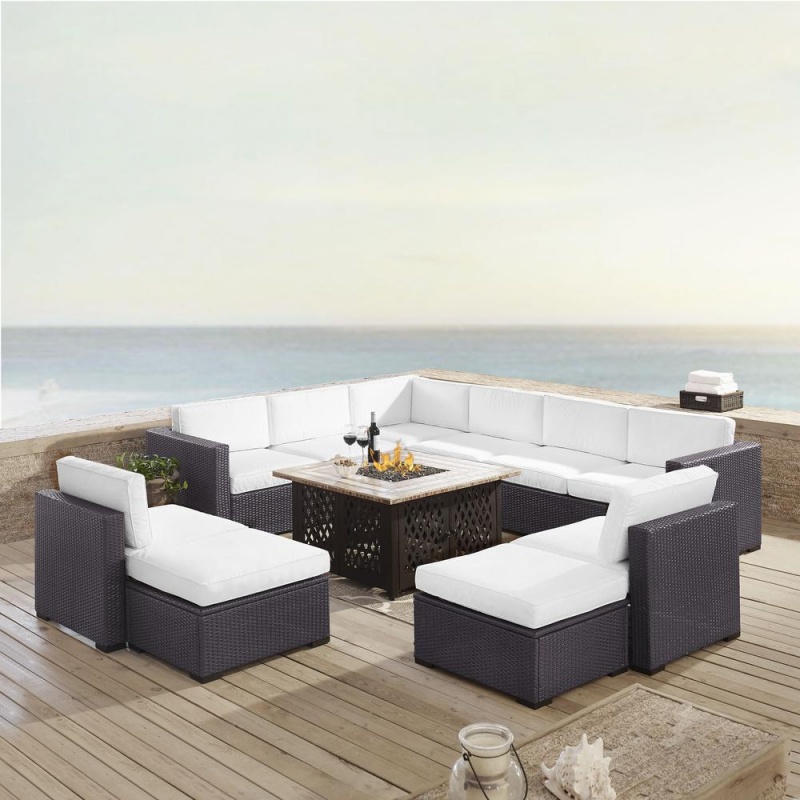 Biscayne 8Pc Outdoor Wicker Sectional Set W/Fire Table White/Brown - 3 Loveseats, 2 Armless Chairs, 2 Ottomans, Tucson Firetable