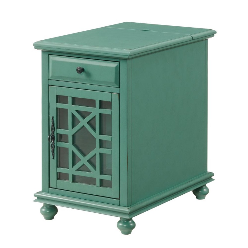 Elegant Chairside Table With Power, Antique Teal