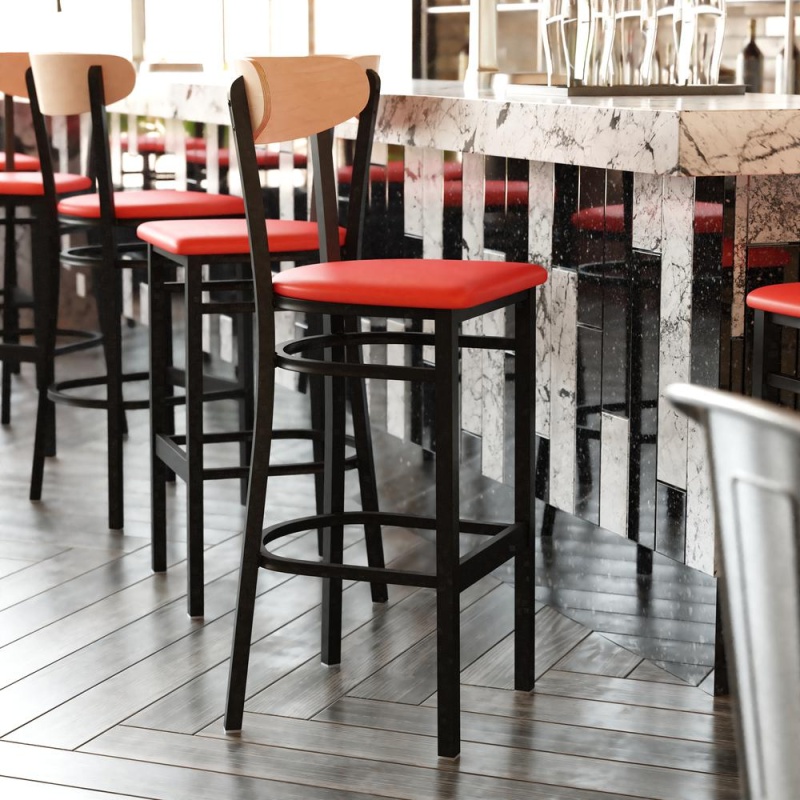 Wright Commercial Barstool With 500 Lb. Capacity Black Steel Frame, Natural Birch Finish Wooden Boomerang Back, And Red Vinyl Seat