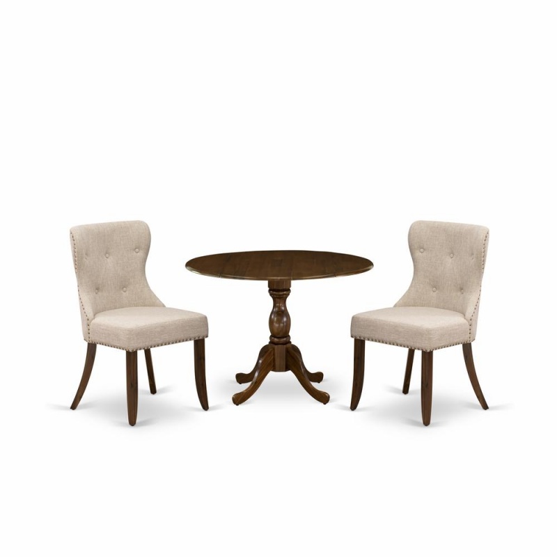 East West Furniture Dmsi3-Awa-04 3 Piece Dining Table Set Includes 1 Drop Leaves Wooden Table And 2 Light Tan Linen Fabric Dinning Chairs Button Tufted Back White Nail Heads - Acacia Walnut Finish