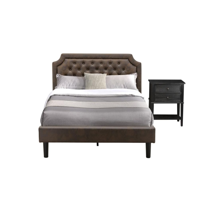 Gb25f-1Vl06 2-Pc Wooden Set For Bedroom With Full Bed And Wirebrushed Black Night Stand - Dark Brown Faux Leather And Black Legs