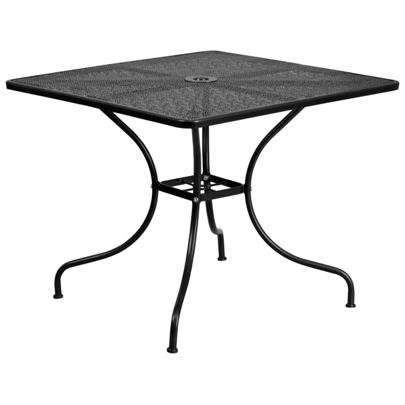 Commercial Grade 35.5" Square Black Indoor-Outdoor Steel Patio Table Set With 2 Round Back Chairs