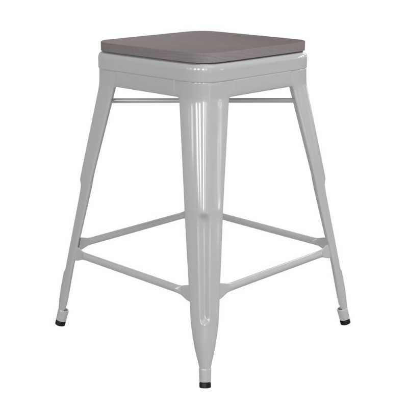 24" High White Metal Counter Stool with Gray Seat
