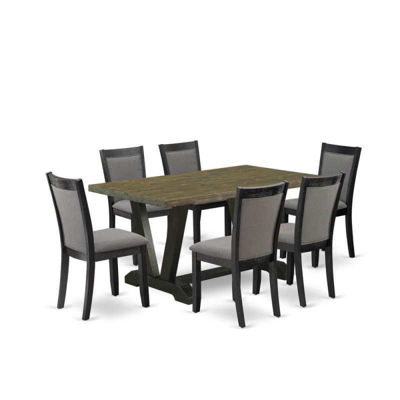 7 Pc Dinette Set with 6 Dark Gotham Grey Linen Fabric Chairs