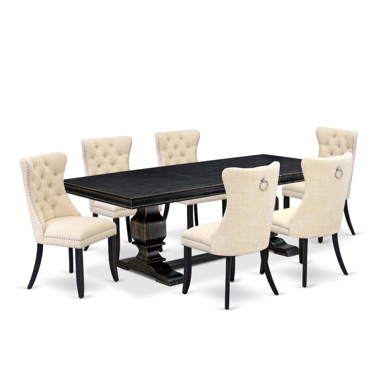 7 Piece Dining Room Set of a Kitchen Table and 6 Linen Fabric Parson Chairs