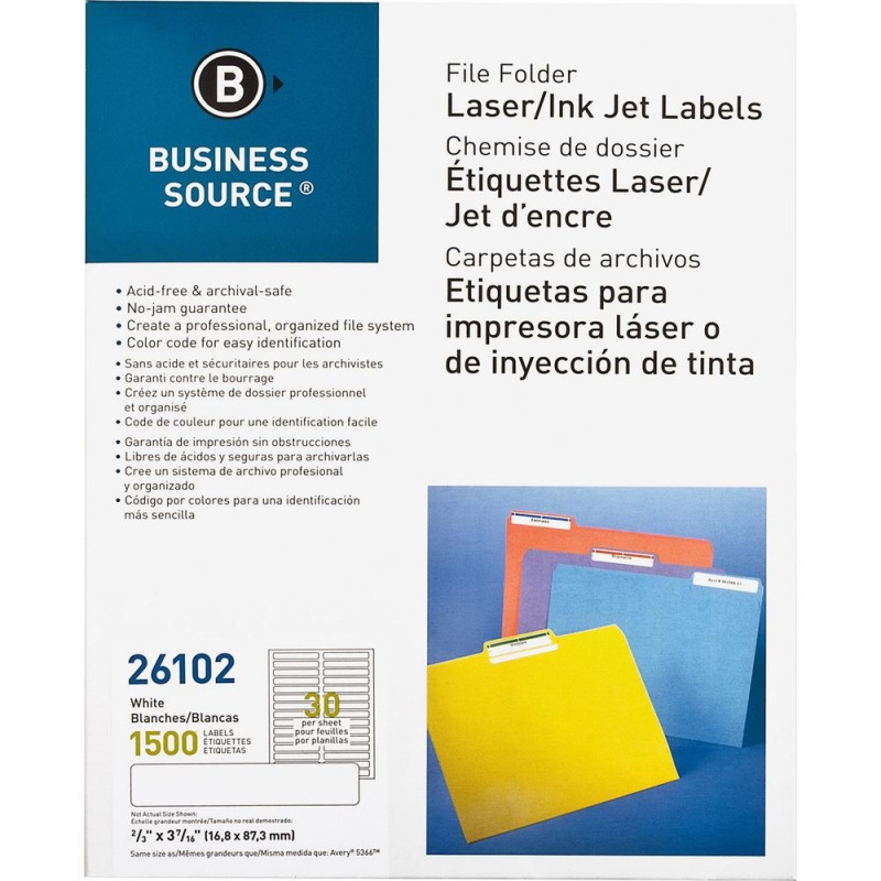 Business Source Laser/Inkjet File Folder Labels - 21/32" Width X 3 7/16" Length - Permanent Adhesive - Rectangle - Laser, Inkjet - White - Paper - 30 / Sheet - 1500 / Pack - Jam-Free, Lignin-Free, Sel