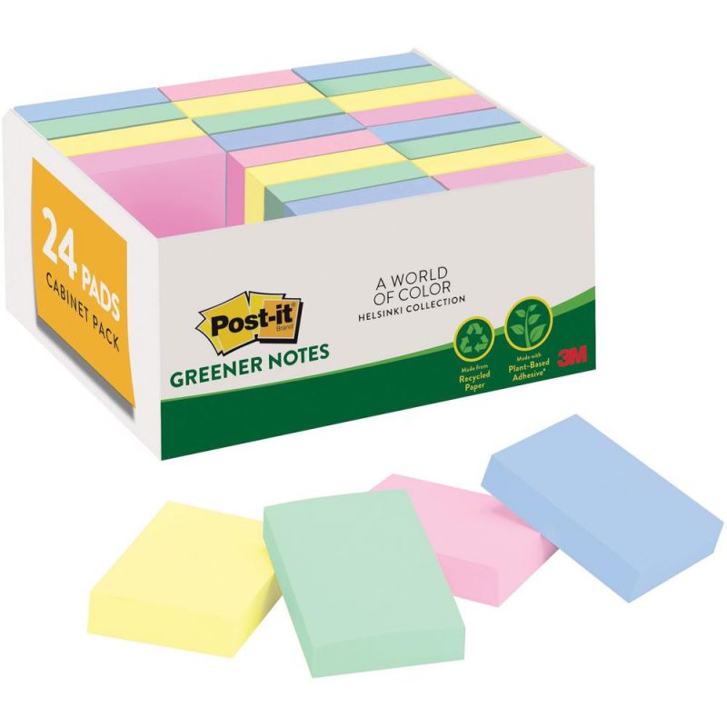 Post-It® Recycled Pads Greener Notes - Rectangle - Pastel - Paper - Self-Stick, Removable, Recyclable, Residue-Free, Eco-Friendly - 24 / Pack