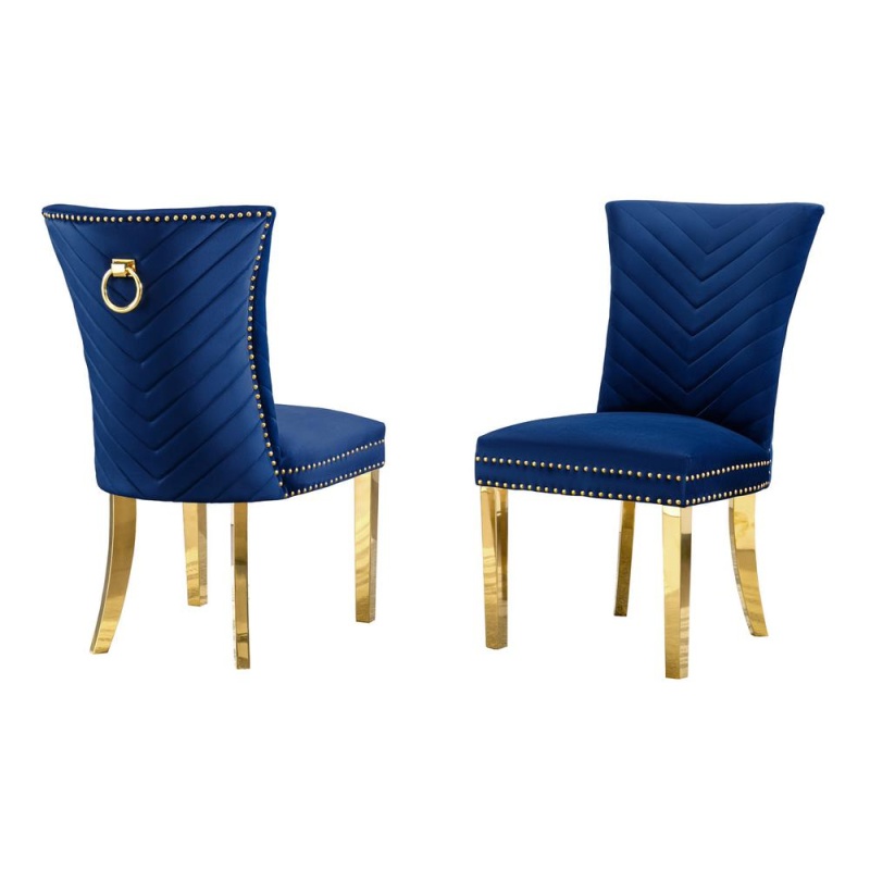 Navy Blue Velvet Side Chairs With Gold Base (Set Of 2)