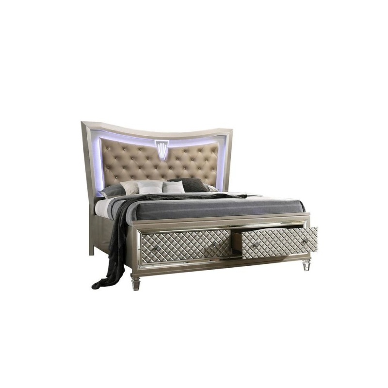 Platform Bed With Tufted Buttons, Acrylic Legs, Back Lighting And 2 Drawers On The Footboard