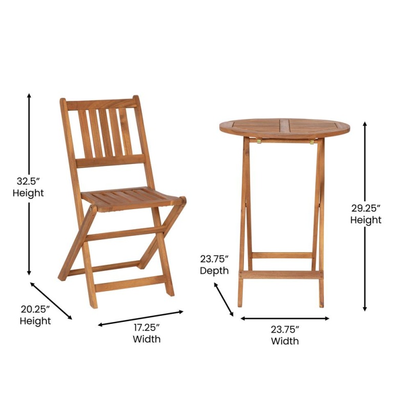 Martindale 3 Piece Folding Patio Bistro Set, Indoor/Outdoor Acacia Round Wood Table And 2 Chair Set With Slatted Design, Natural Finish