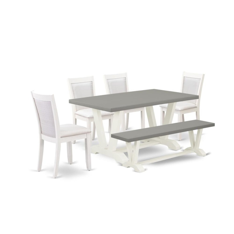 East West Furniture 6-Piece Dining Table Set Includes A Wood Dining Table - 4 Cream Linen Fabric Upholstered Chairs With Stylish Back And A Small Bench - Wire Brushed Linen White Finish