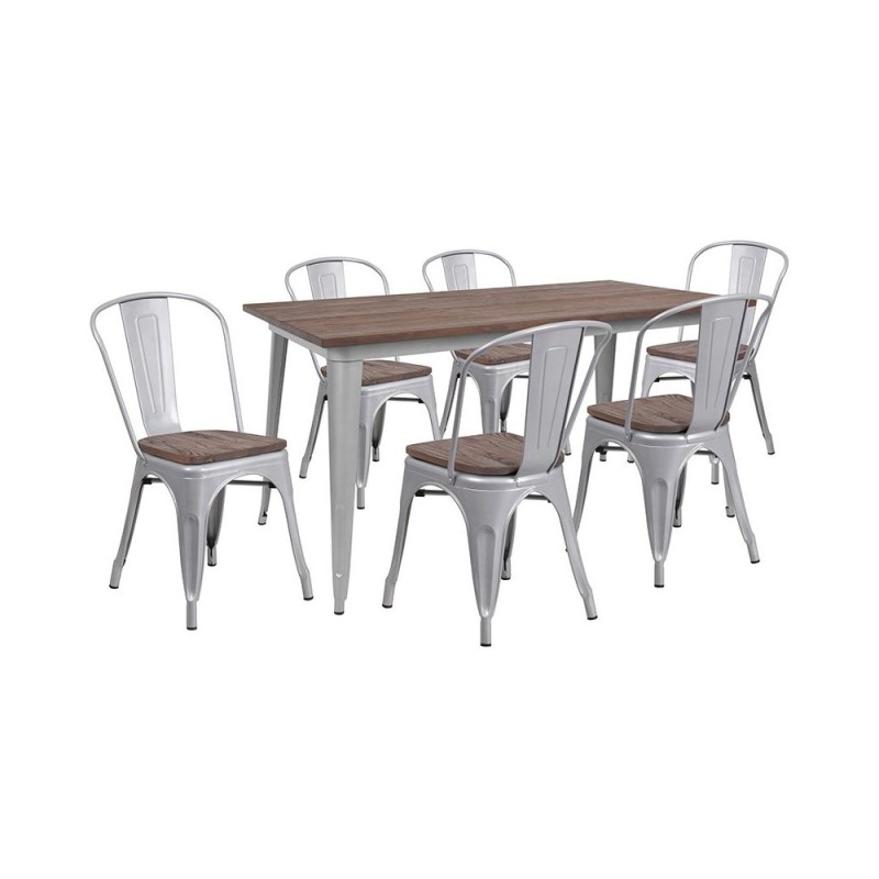 0.25" x 60" Silver Metal Table Set With Wood Top and 6 Stack Chairs