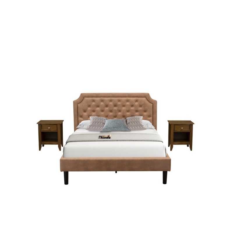 Gb28q-2Ga08 3-Pc Bedroom Set With An Upholstered Bed And 2 Antique Walnut Small Nightstands - Brown Faux Leather And Black Legs
