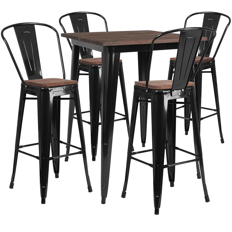 1.5" Square Black Metal Bar Table Set With Wood Top And 4 Stools