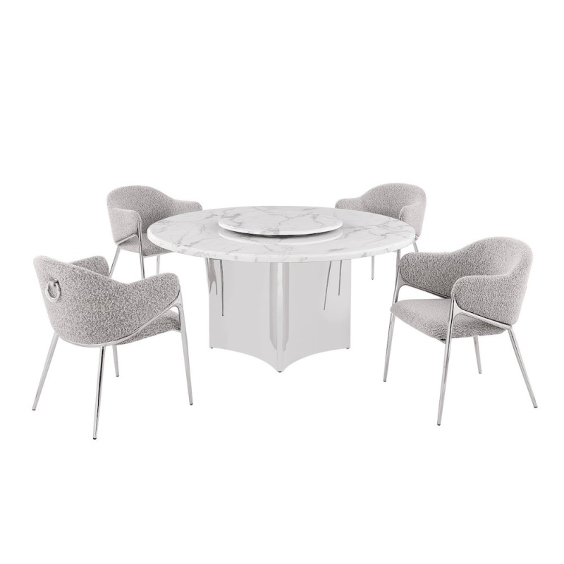 5Pc Circle Marble Top With Lazy Susan And 4 Rich Gray Chairs