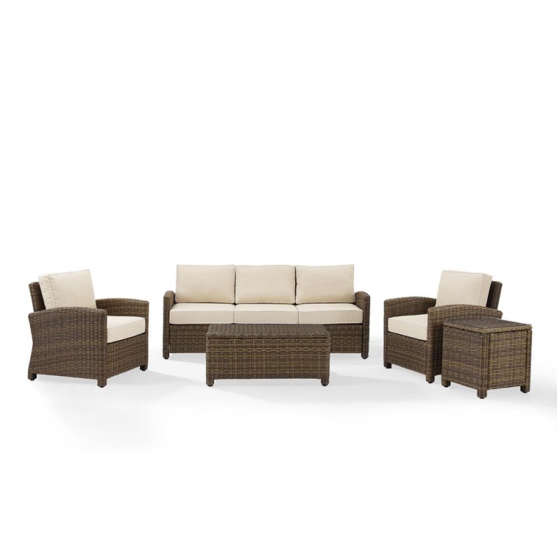 Bradenton 5Pc Outdoor Wicker Conversation Set Sand/Weathered Brown - Sofa, 2 Arm Chairs, Side Table, Glass Top Table