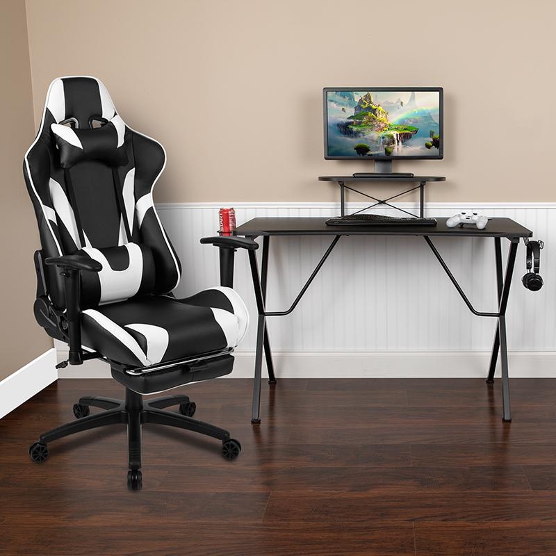 Black Gaming Desk And Black Footrest Reclining Gaming Chair Set With Cup Holder, Headphone Hook, And Monitor/Smartphone Stand