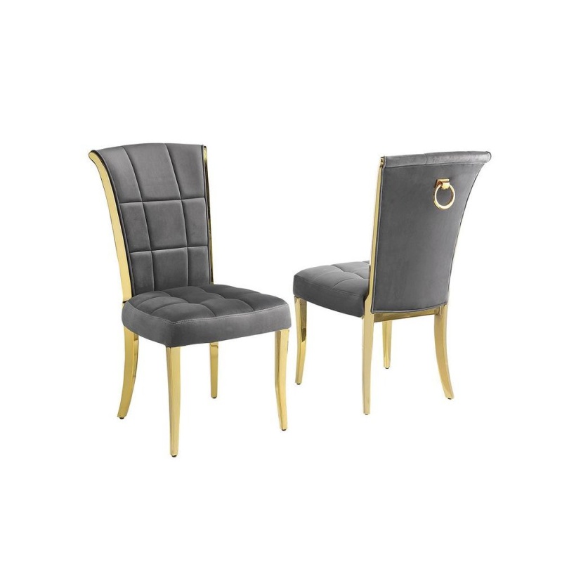 Dark Grey Velvet Side Chairs With Gold Color Base