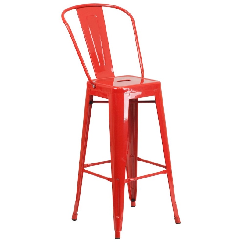 30" High Red Metal Indoor-Outdoor Barstool With Removable Back