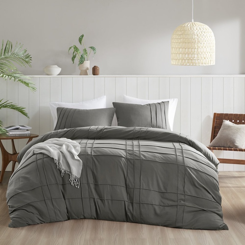 Porter Soft Washed Pleated Duvet Cover Set, Grey Color