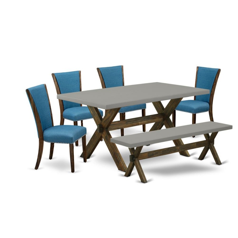East West Furniture X797ve721-6 6 Piece Mid Century Dining Set - 4 Black Linen Fabric Upholstered Dining Chairs With Nailheads And Cement Dining Table - 1 Small Bench - Distressed Jacobean Finish