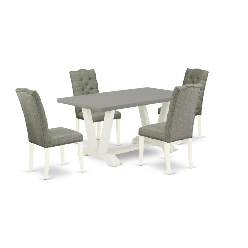East West Furniture 5-Pc Dining Room Set- 4 Parson Chairs With Smoke Linen Fabric Seat And Button Tufted Chair Back - Rectangular Table Top & Wooden Legs - Cement And Linen White Finish