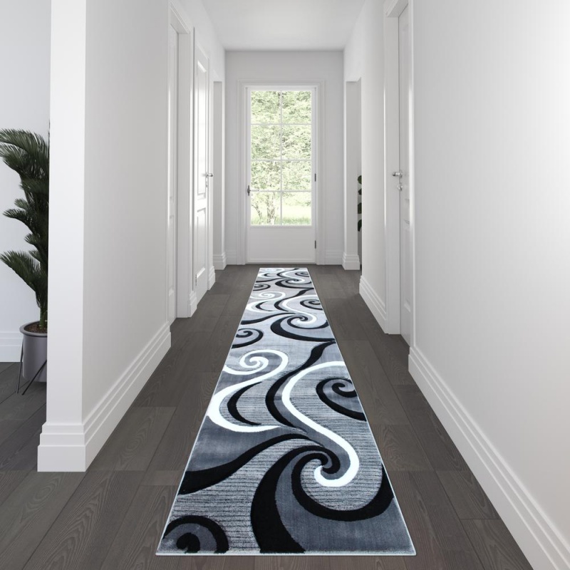 Athos Collection 3' X 16' Gray Abstract Area Rug - Olefin Rug With Jute Backing - Hallway, Entryway, Or Bedroom