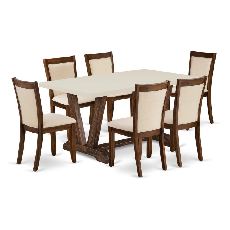 East West Furniture 7-Pc Dining Table Set - A Dining Table With Linen White Top And 6 Light Beige Linen Fabric Modern Dining Chairs With Stylish Back (Distressed Jacobean Finish)