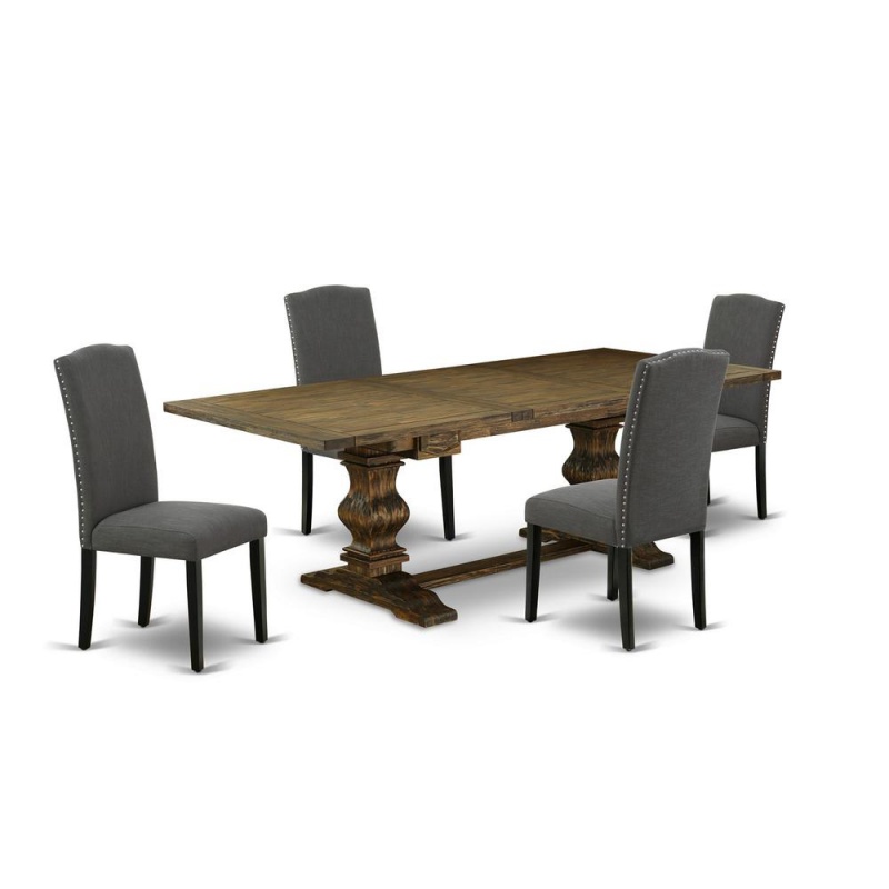 5 Piece Dining Set Includes A Rectangle Dining Room Table With Removable Leaf And 4 Dark Gotham Linen Fabric Upholstered Chairs, 42X92 Inch, Jacobean