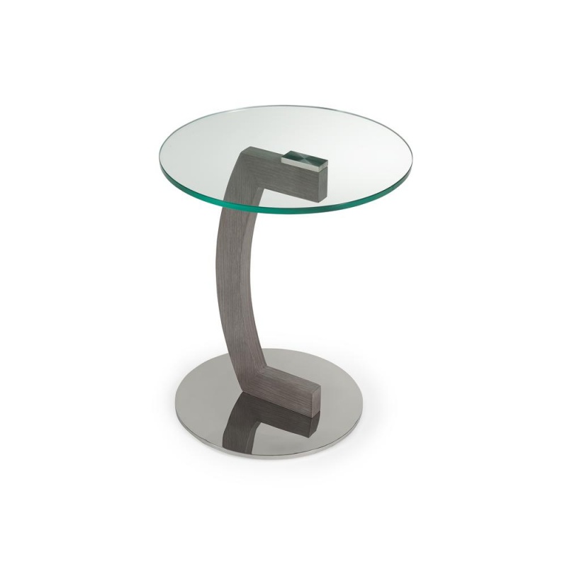 Duval Side Table 17 Dia Clear Tempered Glass With Gray Oak Veneer And Polished Stainless Steel Base