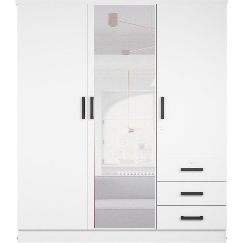 Violet Wardrobe Mirrored Door Closet 3 Doors And 3 Drawers (White)