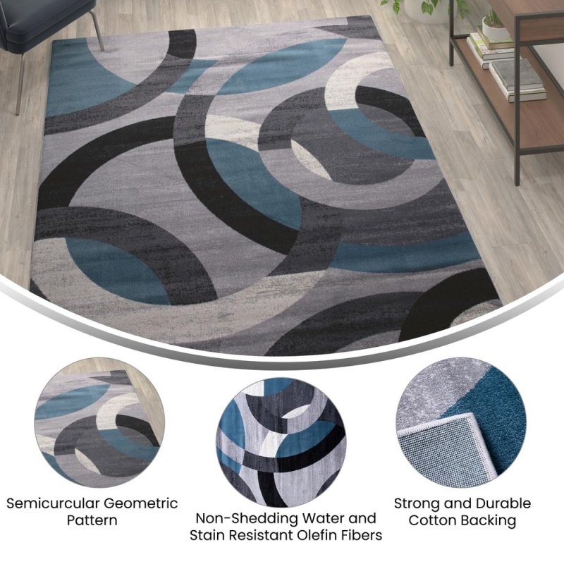 Harken Collection Geometric 6' X 9' Blue And Gray Olefin Area Rug With Jute Backing, Living Room, Bedroom