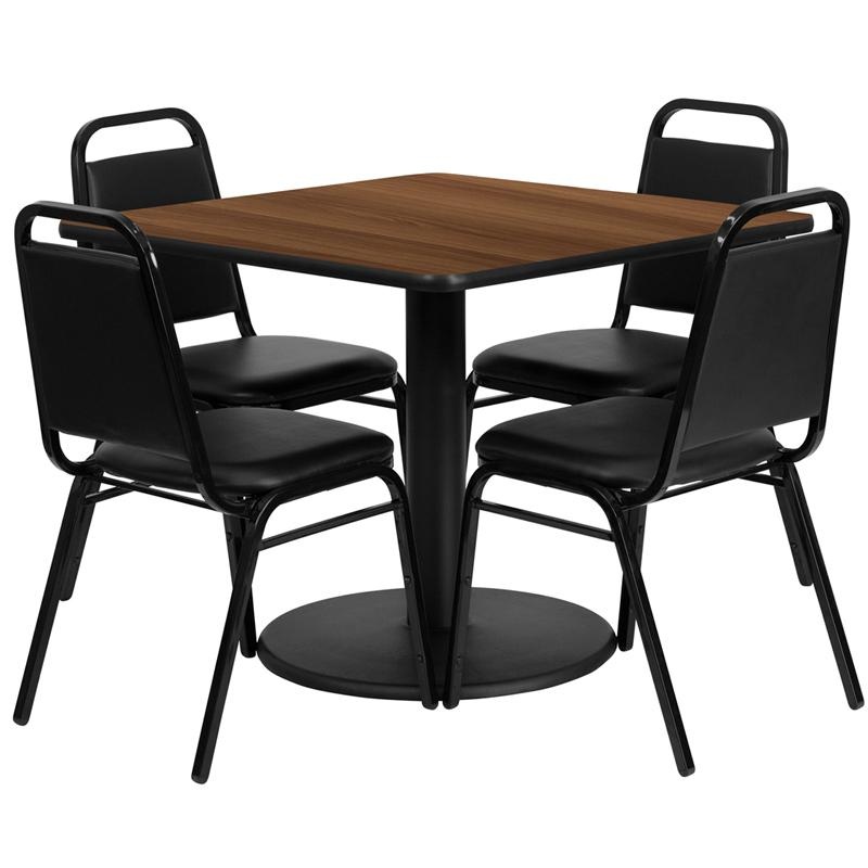 36'' Walnut Table Set With Base And 4 Black Trapezoidal Back Banquet Chairs