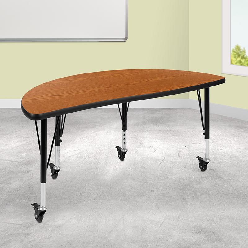 Mobile 47.5" Half Circle Wave Collaborative Oak Thermal Laminate Activity Table - Height Adjustable Short Legs