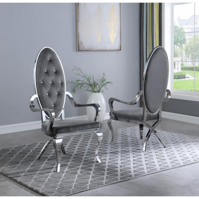 Classic 9Pc Dining Set W/Uph Tufted Side/Arm Chair, Glass Table W/ Silver Spiral Base, Dark Grey
