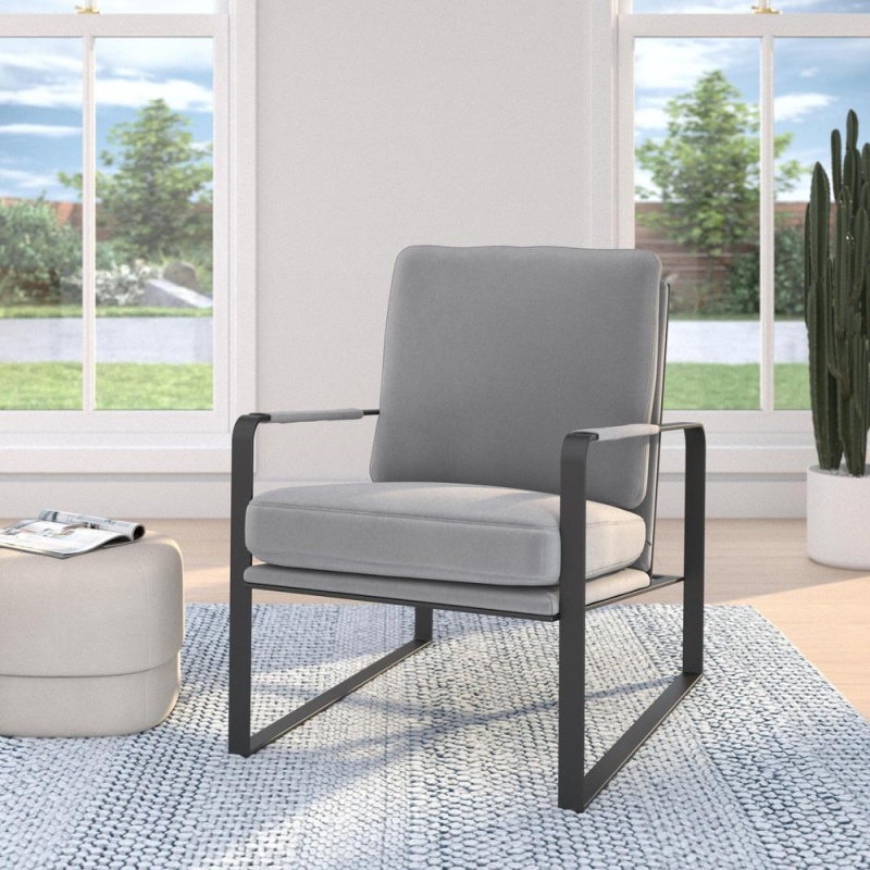 Light Gray Velvet Accent Chair with Black Legs