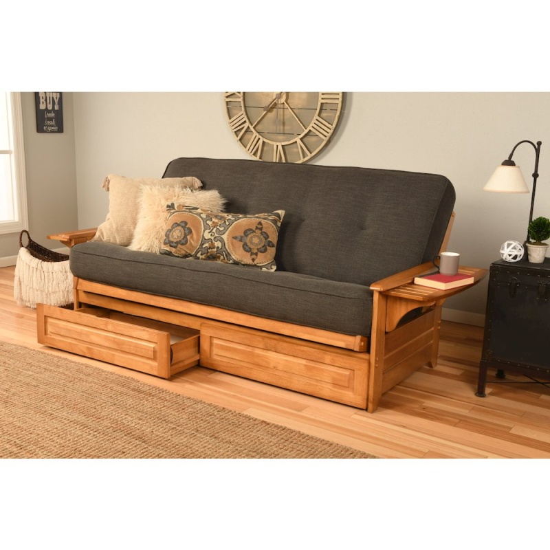 Phoenix Frame-Butternut Finish-Linen Charcoal Mattress-Storage Drawers