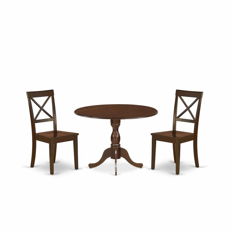 East West Furniture Dmbo3-Mah-W 3 Piece Wooden Dining Table Set Contains 1 Drop Leaves Dining Table And 2 Mahogany Wooden Chair With X-Back - Mahogany Finish