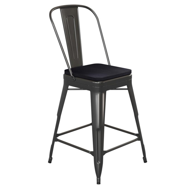 Kai Commercial Grade 24" High Black Metal Indoor-Outdoor Counter Height Stool With Removable Back And Square Black All-Weather Poly Resin Seat
