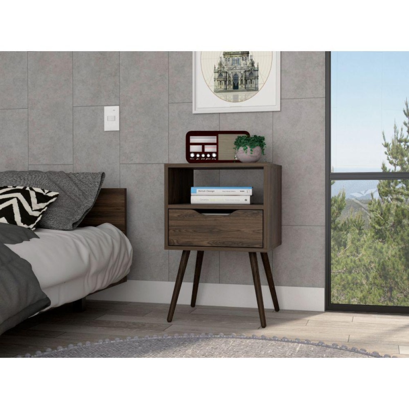 Depot E-Shop Emma Nightstand, Countertop, Four Legs, One Open Shelf, One Drawer-Dark Walnut, For Bedroom